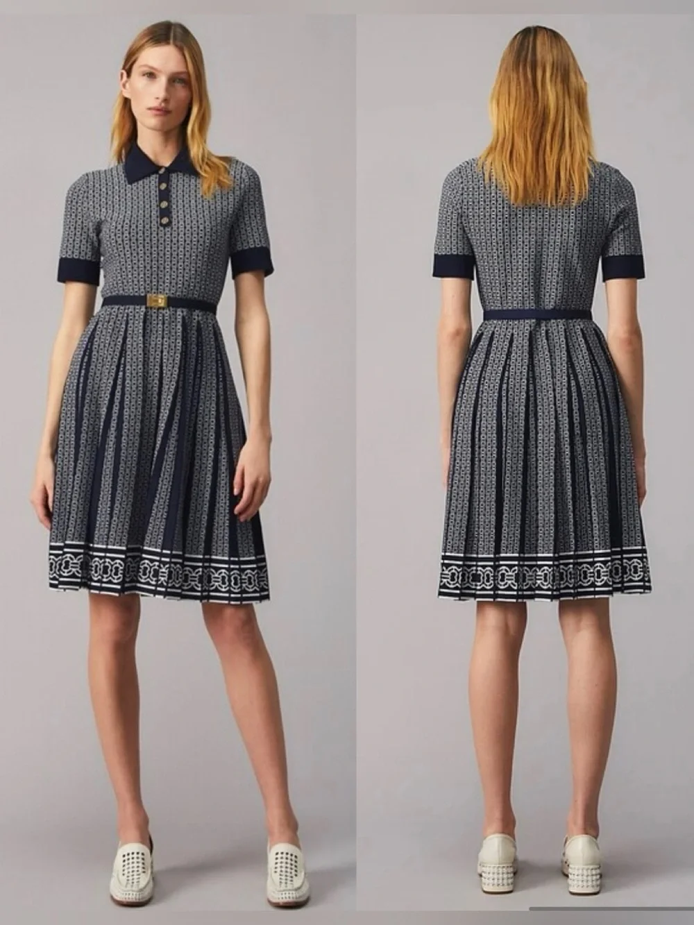 NWOT Tory Burch Gemini Link Jacquard Dress In Classic Ivory Tory Navy. Size L